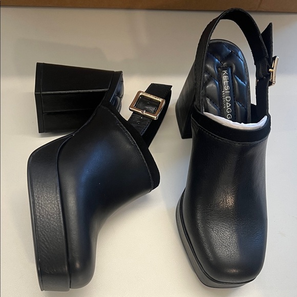 Kelsi Dagger Black Leather Mules with Gold Buckle - Picture 2 of 4